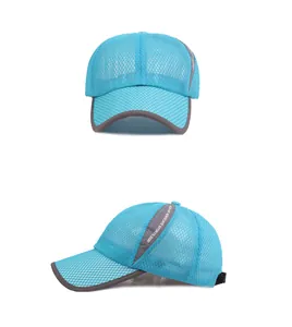 Detail of blue breathable honeycomb mesh baseball cap with gray sports embroidery