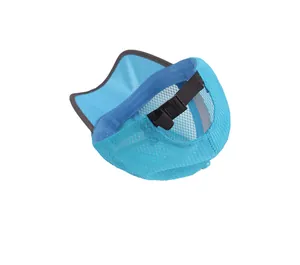 Detail view of sky blue mesh baseball cap with adjustable strap and breathable fabric