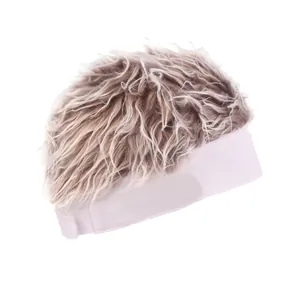 Detail of wig visor hat featuring light brown messy hair with a lavender purple headband