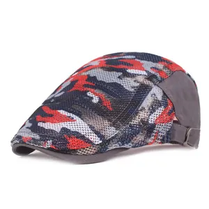 Detail view of the breathable red blue camouflage mesh and adjustable metal buckle strap