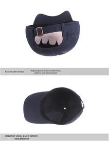 Detail of navy cotton baseball cap featuring adjustable metal buckle and inner sweatband