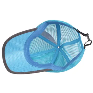 Light blue breathable mesh baseball cap with adjustable rear drawstring and gray trim