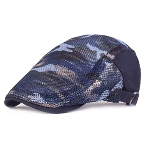 Detail view of camouflage mesh flat cap with breathable fabric and adjustable metal buckle