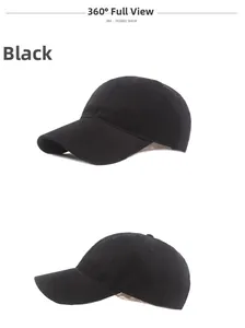 Close-up of black cotton baseball cap showing breathable eyelets and curved brim