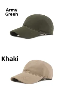 Side-by-side view of army green and khaki cotton baseball caps with embroidered eyelets