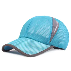 Light blue breathable mesh baseball cap with grey trim and sports logo for sun protection