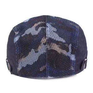 Men's navy blue camo mesh flat cap with breathable panels and adjustable side metal buckle