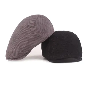 Klassieke corduroy platte petten voor heren en dames in grijs en zwart gestreept