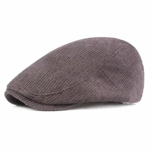 Retro Corduroy Striped Beret Hat For Men Women Cotton Newsboy Cap Adjustable Metal Buckle Flat Ivy Cabbie Cap Autumn Winter Warm Hat