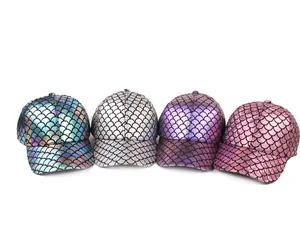 Detail view of fish scale baseball caps in holographic, silver, purple, and rose red