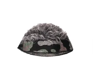 Detail of creative camouflage wig hat featuring grey curly synthetic fiber hair and camo print