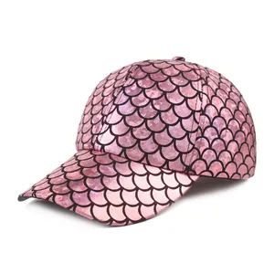 Detailed close-up of pink snake skin pattern baseball cap with laser metallic finish