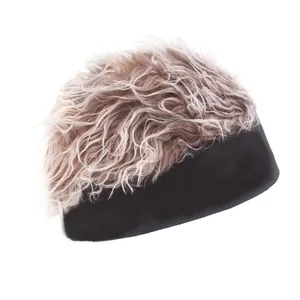 Black beanie hat with light brown curly synthetic wig hair attached for men and women
