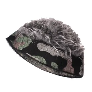 Camo docker hat for men and women featuring grey wig hair decor for street hip-hop style
