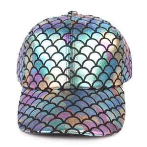 Holographic mermaid scale baseball cap with iridescent faux leather finish and curved brim
