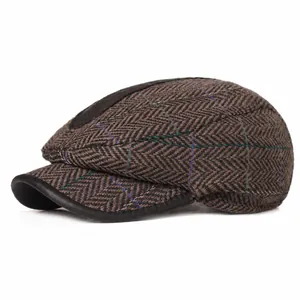 Herren Retro Wollmischung Fischgrätenmuster Schiebermütze Winter Warm Vorwärtsmütze Mit Lederbesatz Karomuster Baskenmütze Für Mittelalte Und Ältere