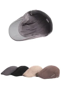 Detail view of cotton flat caps in four colors featuring inner lining and metal branding