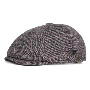 Classic herringbone plaid newsboy cap for men featuring winter thermal wool blend fabric