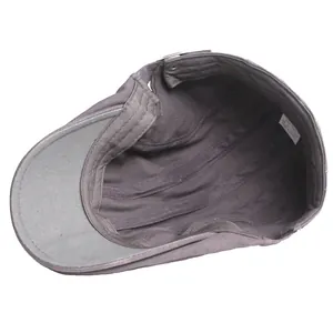 Internal view of a grey striped flat cap with adjustable size and breathable fabric.