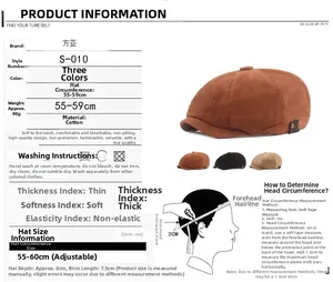 Detailed size guide for cotton newsboy cap featuring 55-60cm adjustable circumference