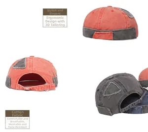 Detail of washed cotton brimless docker caps with metal buckles and vintage patches