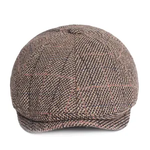 Classic plaid newsboy cap in brown tweed fabric with vintage British style for men