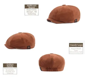 Detail view of cotton newsboy cap with 3D tailoring and side leather buckle