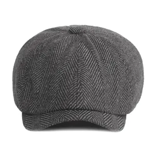 Men Retro Herringbone Newsboy Cap British Style Wool Blend Adjustable Flat Beret Hat For Autumn Winter Casual Daily Outing