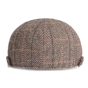 Classic brown plaid wool beret hat for men with vintage herringbone pattern for winter