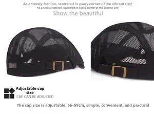 Détail du tissu en maille respirante et boucle métallique réglable sur béret noir
