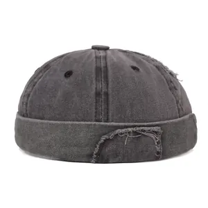 Vintage Washed Cotton Docker Hat Distressed Brimless Beanie Cap Adjustable Industrial Style Patchwork Landlord Hat Unisex