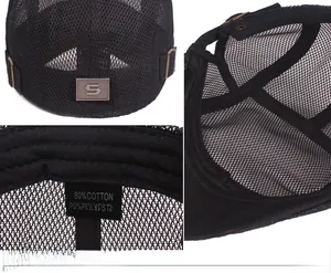 Détails de la casquette en maille noire avec tissu respirant, plaque S et boucle réglable