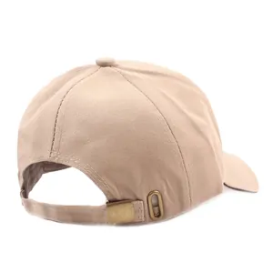 Back view of khaki cotton baseball cap with adjustable metal buckle and breathable fabric