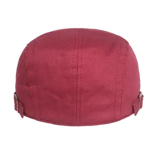 Classic dark red cotton flat cap for men with adjustable side metal buckles