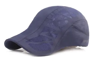 Close-up of breathable navy blue mesh fabric and SPORT print on quick-dry baseball cap