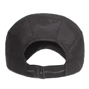 Close-up of the back of the black mesh baseball cap with adjustable buckle strap