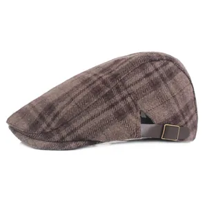 Béret en laine à carreaux marron pour homme avec sangle latérale réglable en cuir