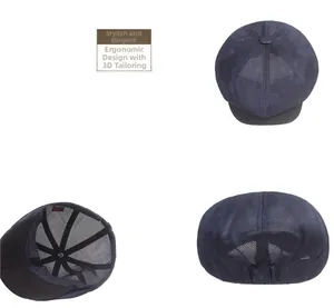 Detail of navy blue mesh flat cap showing 3D ergonomic tailoring and breathable fabric