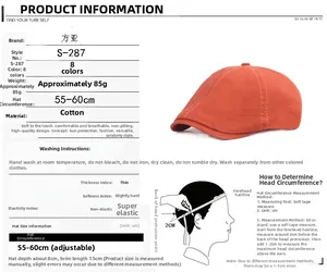 Guide des tailles et mesures pour béret en coton réglable avec dimensions détaillées