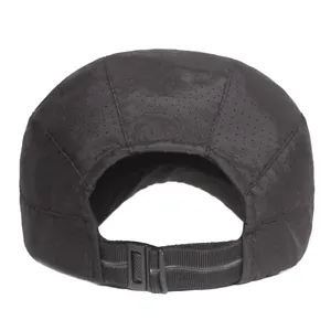 Rear view of black breathable mesh baseball cap with adjustable strap and buckle closure