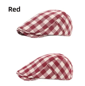 Detail view of red and white plaid flat cap showing breathable cotton linen fabric texture