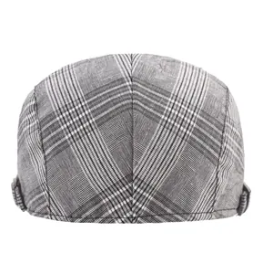 Back view of striped newsboy cap for men and women with adjustable buckle and cotton fabric