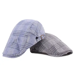 Striped flat cap for men and women featuring light blue and grey plaid breathable fabric