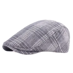 Classic grey plaid beret flat cap with breathable striped fabric for men and women