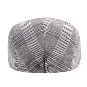 Classic gray plaid striped beret cap with metal buckle closure and retro ivy style design