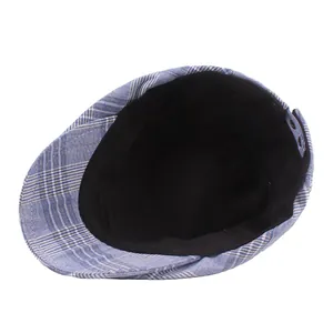 Blue plaid newsboy cap with adjustable metal buckles and breathable cotton-linen fabric