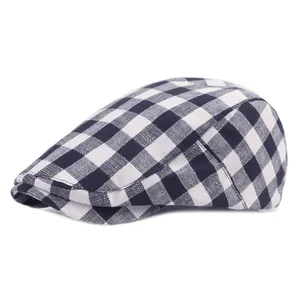 Classic black and white checkered ivy cap with cotton-linen texture on white background