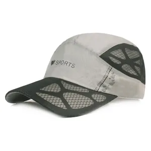 Detail of breathable mesh and reflective stripes on the side of a grey sports baseball cap