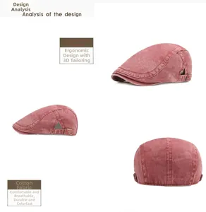 Detail view of pink washed cotton flat cap with metal buckle and 3D ergonomic tailoring