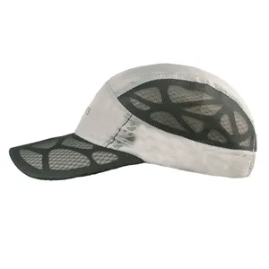 Detail view of breathable black mesh panel and Sports logo on the grey baseball cap
